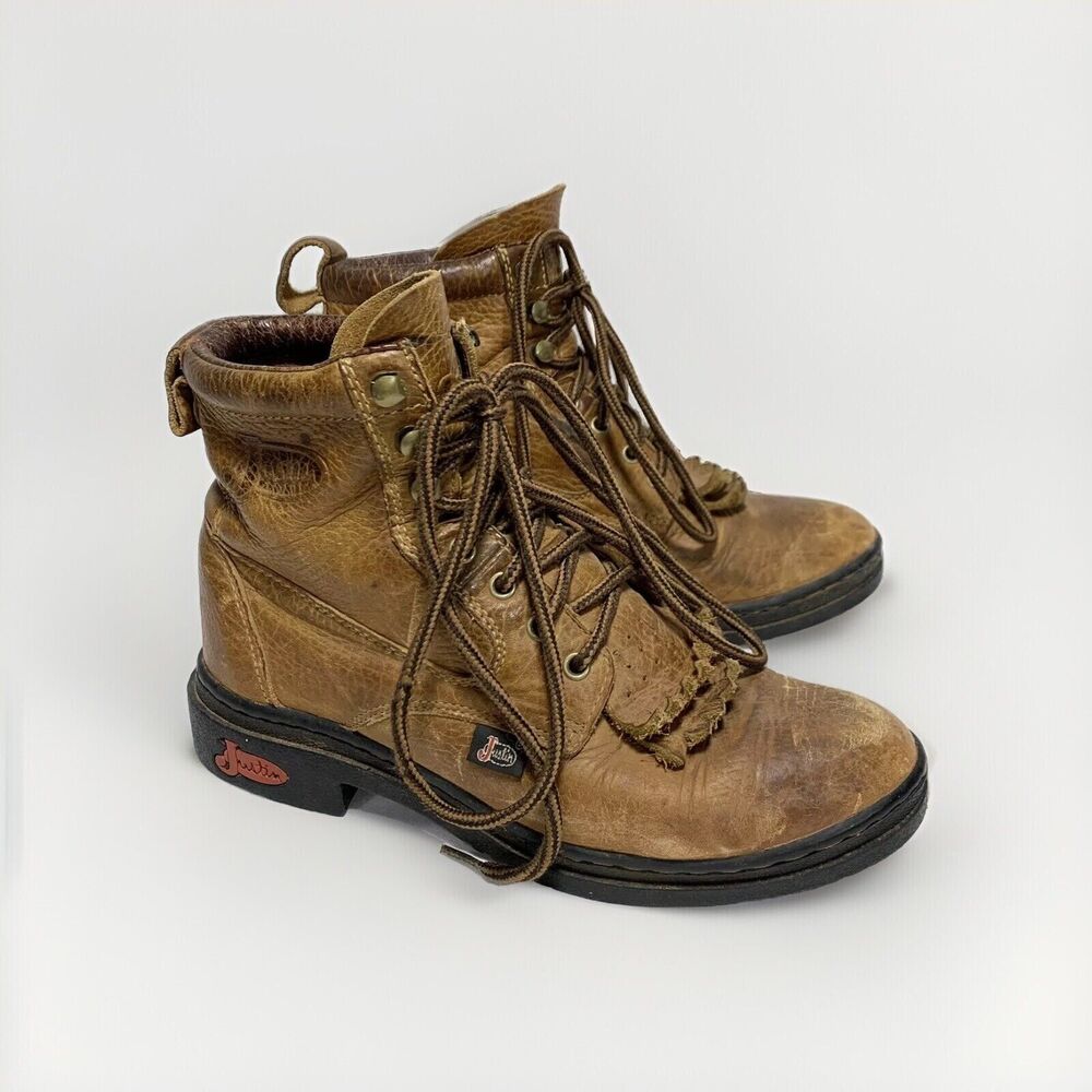 Justin Women’s Size 6B Brown Leather Kiltie Riding Roper Boots Oil-Resistant - Picture 1 of 13